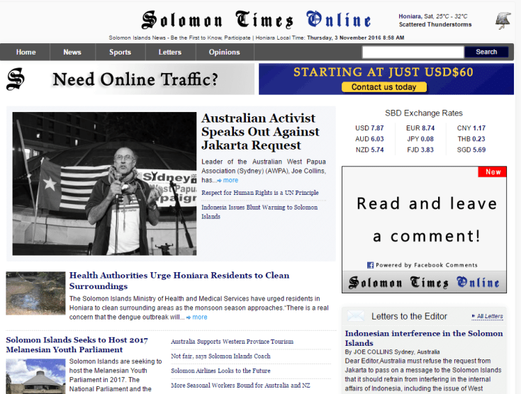 Solomon Times Front Page Coverage on West Papua